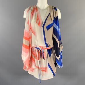 GUCCI Tom Ford SS 2009 M Blue Peach Silk Geometric V-Neck Mini Tunic Dress